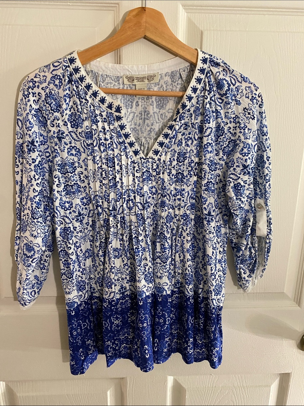 Vintage America Blue & White Printed Peasant Top